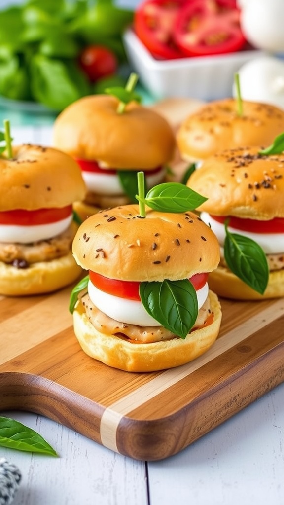 Caprese Chicken Sliders on a wooden serving board.