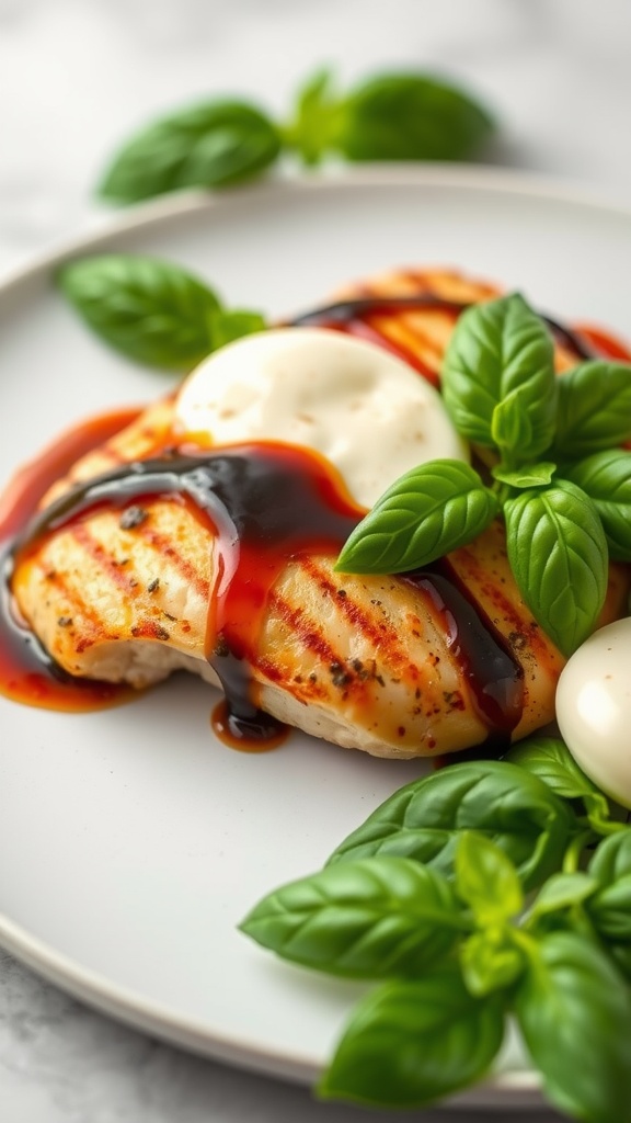 Delicious Caprese chicken dish with fresh basil and balsamic glaze.
