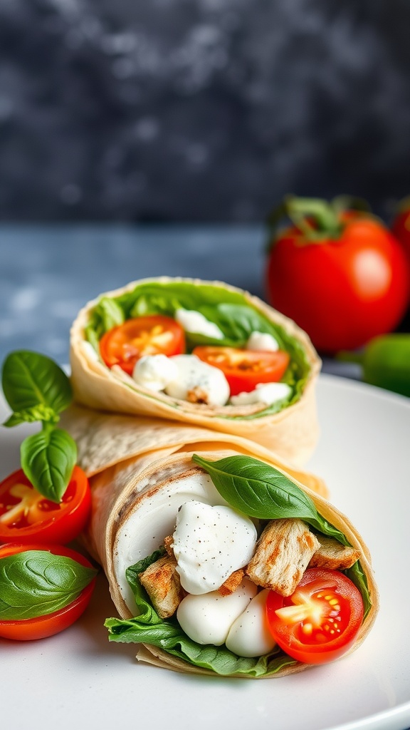Caprese Grilled Chicken Wrap with tomatoes, mozzarella, and basil