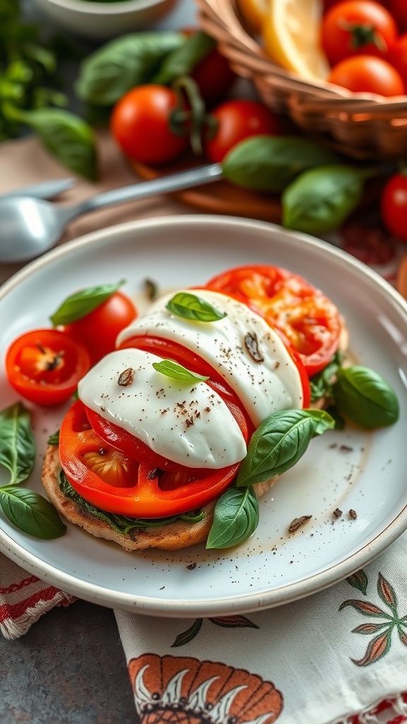A plate of Caprese stuffed chicken with fresh basil and tomatoes.