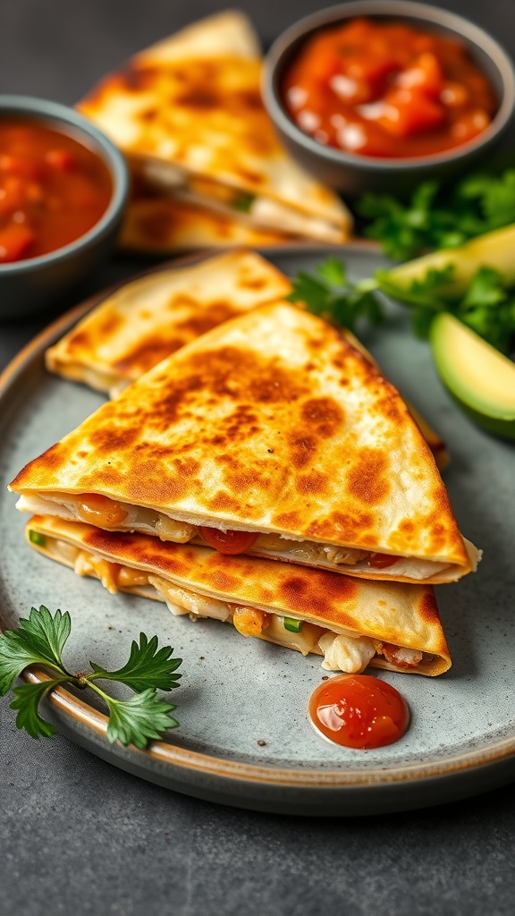Delicious cheesy air fryer chicken quesadillas on a plate with dipping sauces.
