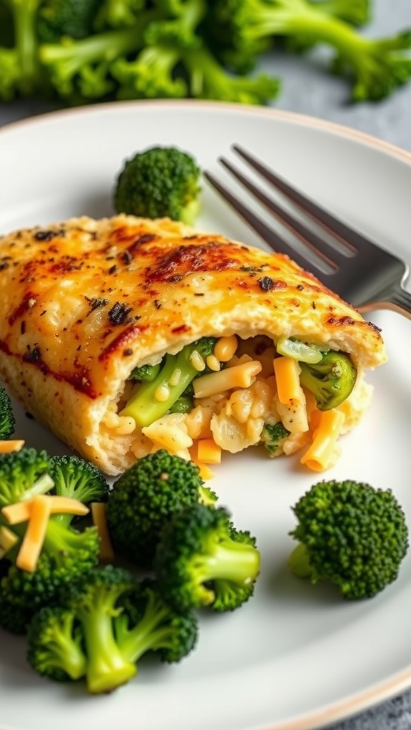 Plate of stuffed chicken breast filled with cheesy broccoli and rice.