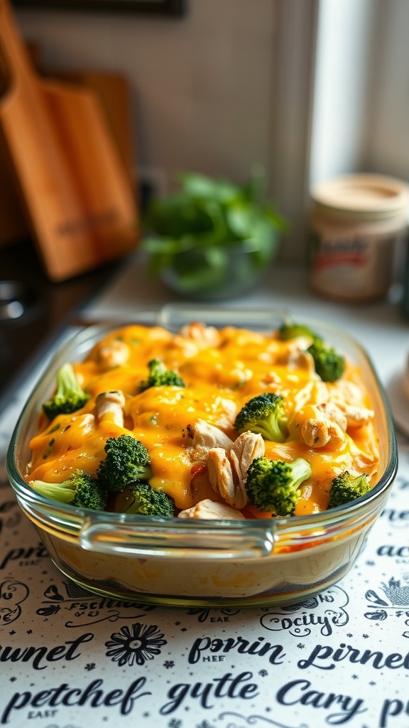 A cheesy chicken and broccoli casserole ready to be served.