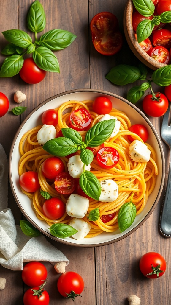 A plate of Cherry Tomato and Mozzarella Pasta garnished with fresh basil.