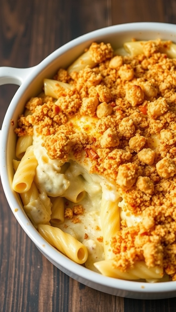 A creamy chicken Alfredo pasta bake topped with breadcrumbs.