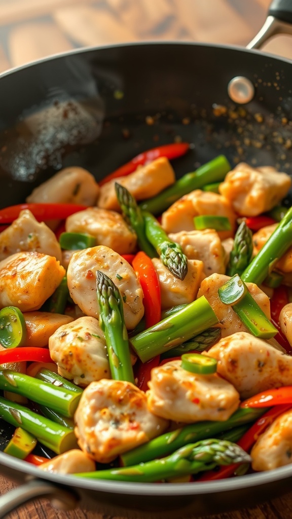 A colorful chicken and asparagus stir-fry in a skillet.