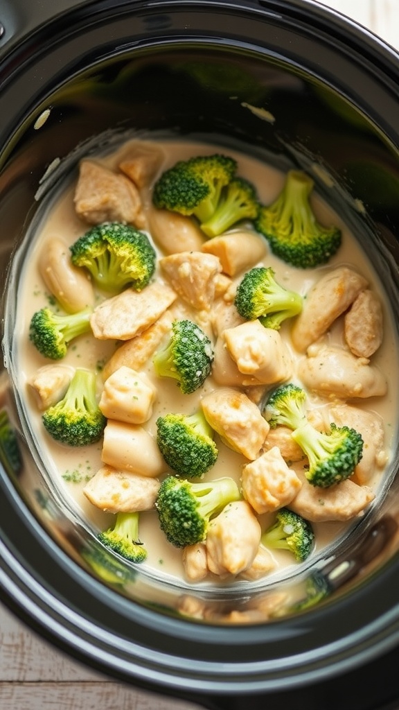 A crock pot filled with chicken pieces and broccoli in a creamy sauce.