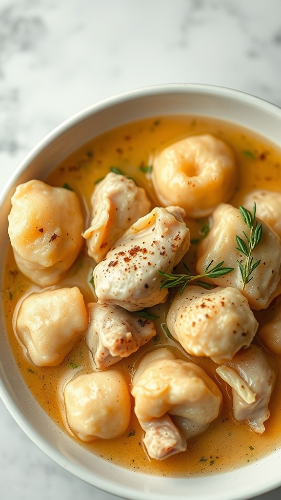A comforting bowl of chicken and dumplings dish