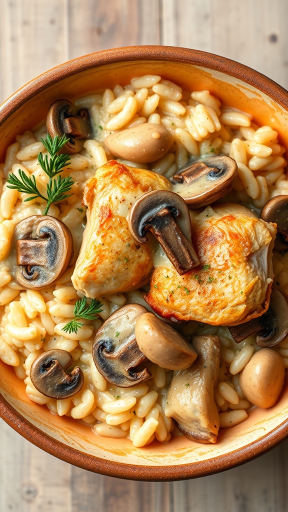 A bowl of creamy chicken and mushroom risotto garnished with fresh herbs.