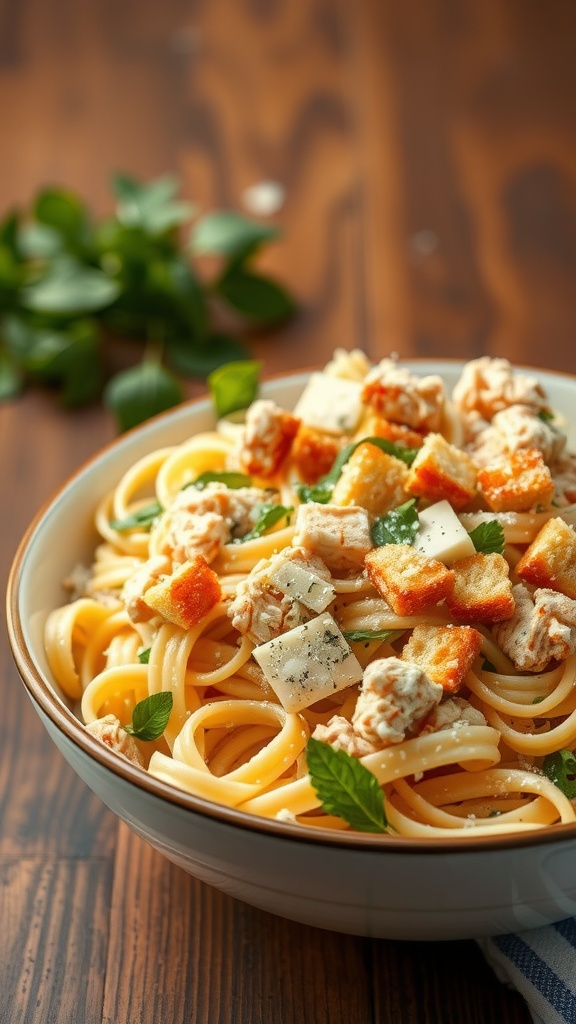 A bowl of Chicken Caesar Pasta Salad with chicken, pasta, and croutons.