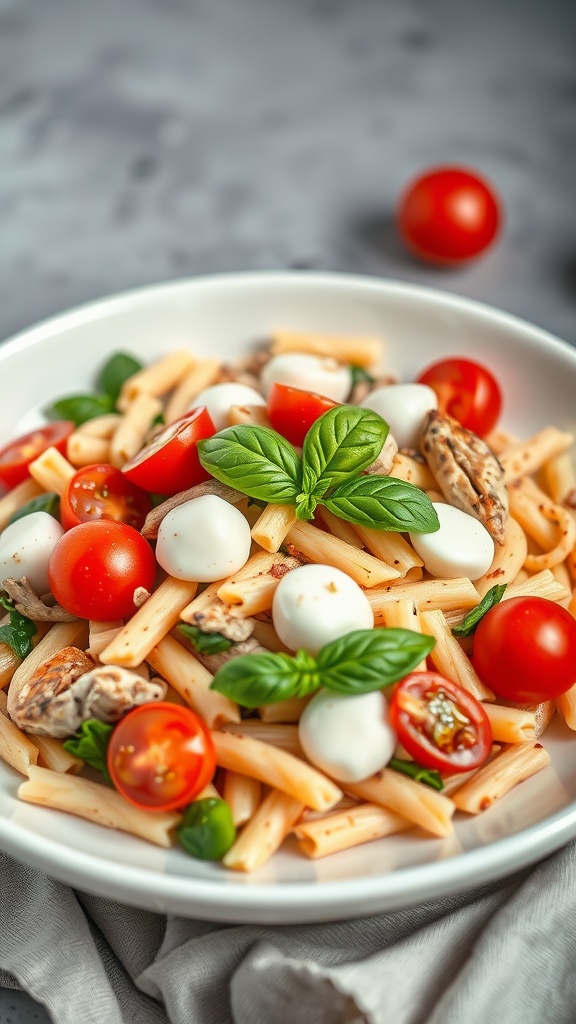 A vibrant Chicken Caprese Pasta Salad featuring pasta, cherry tomatoes, mozzarella balls, and fresh basil.