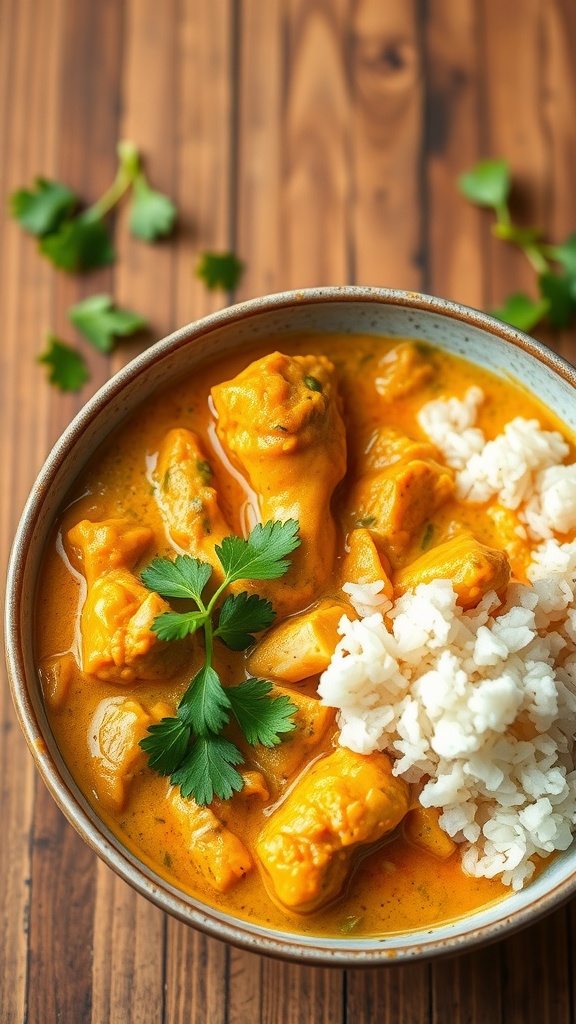 A bowl of chicken curry with coconut milk served with rice.
