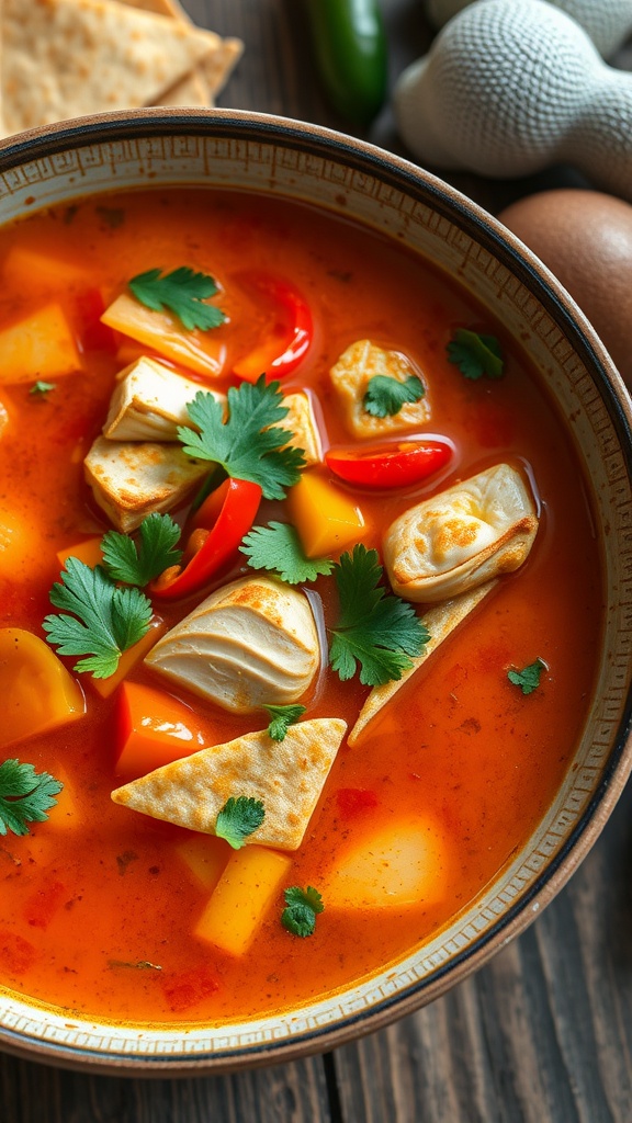 A warm bowl of Chicken Fajita Soup garnished with cilantro and colorful peppers.