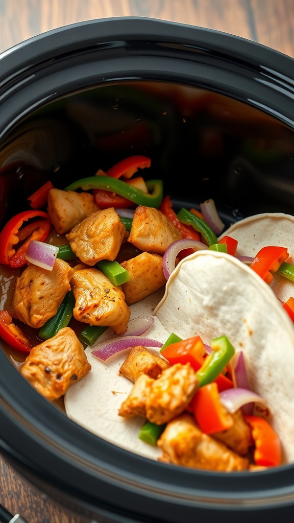 A slow cooker filled with chicken, bell peppers, and onions ready to be served in tortillas.