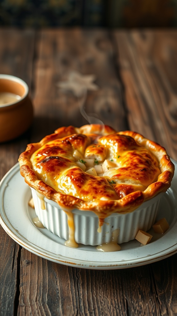 A freshly baked chicken pot pie on a wooden table.
