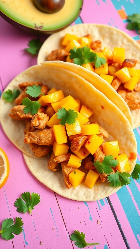 Delicious chicken tacos topped with mango salsa and fresh cilantro