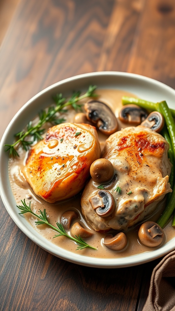 Delicious chicken thighs in mushroom cream sauce served with greens.