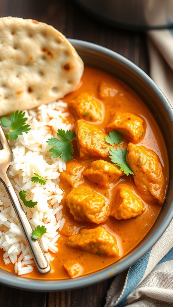 A bowl of Chicken Tikka Masala served with rice and naan.