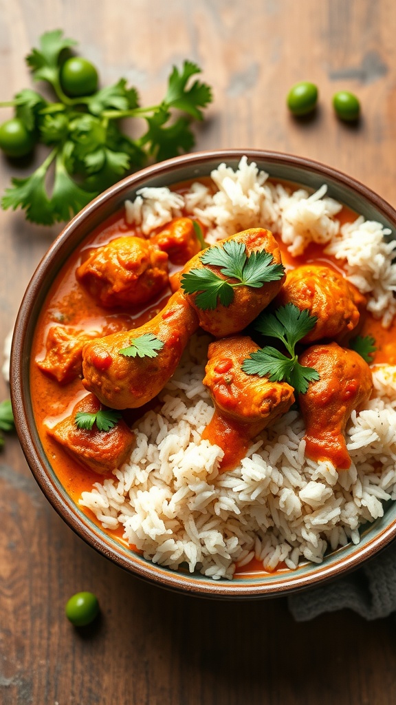 A bowl of Chicken Tikka Masala served over rice, garnished with fresh cilantro.