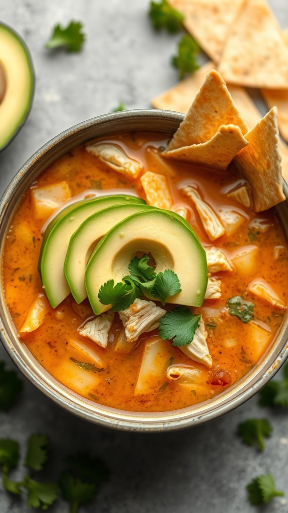 Bowl of Chicken Tortilla Soup with avocado slices and tortilla strips