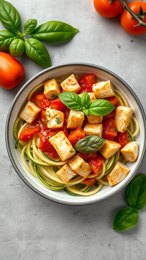 A bowl of chicken zucchini noodles topped with fresh basil and cherry tomatoes
