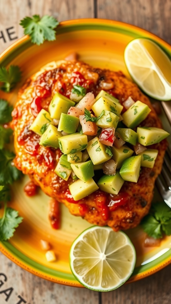Chili lime chicken with avocado salsa on a colorful plate