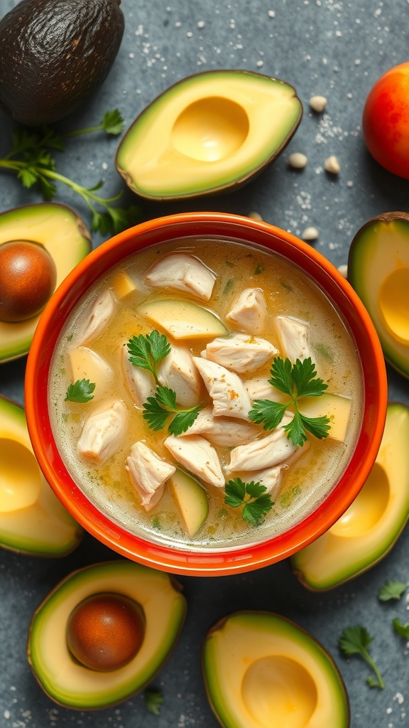 A bowl of chilled avocado and chicken soup garnished with cilantro, surrounded by avocado halves.
