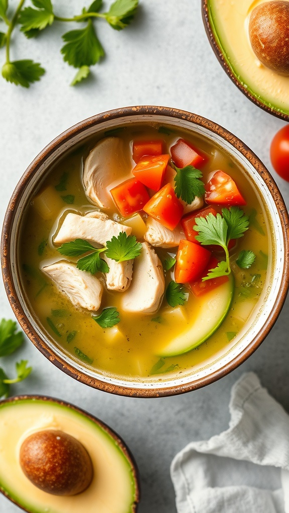 A bowl of chilled avocado chicken soup with diced tomatoes and cilantro.