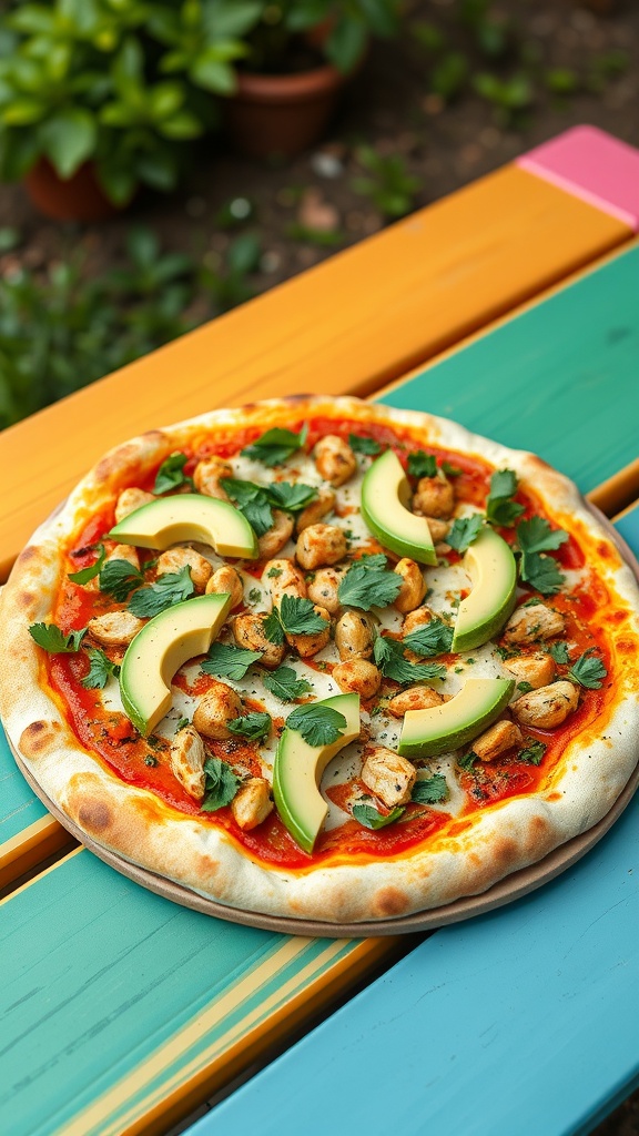 A delicious pizza topped with chipotle chicken, avocado slices, and fresh cilantro.