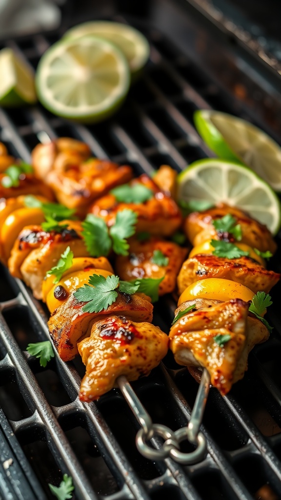 Deliciously grilled chipotle lime chicken kebabs with bell peppers and onions.