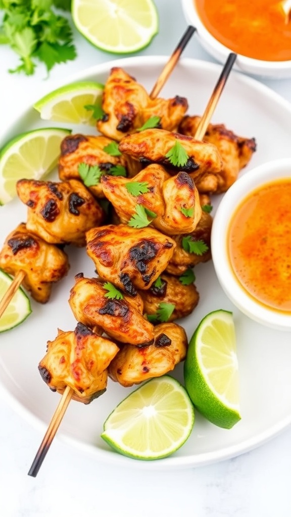 A plate of grilled chicken skewers garnished with lime and cilantro.