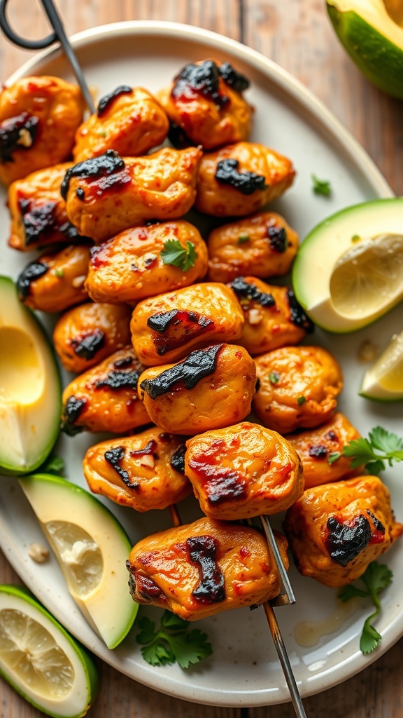 Delicious grilled chipotle lime chicken skewers with avocado and lime slices.