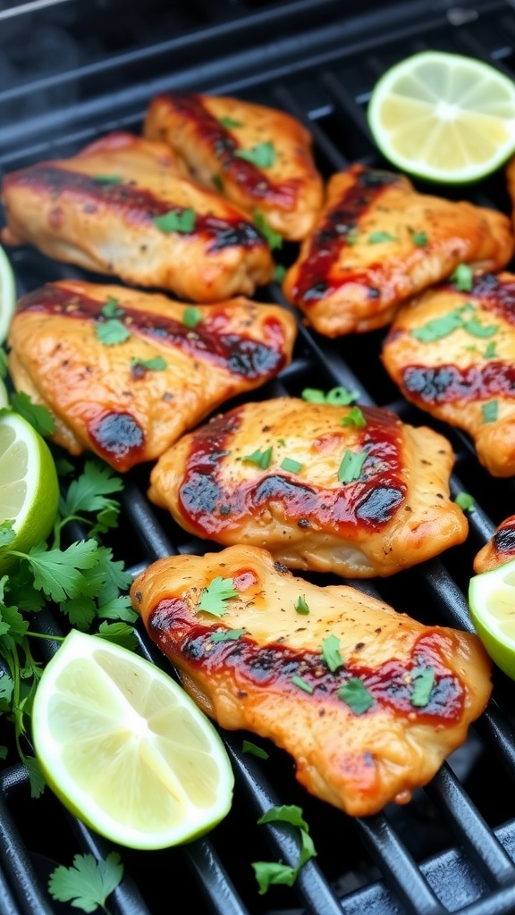 Deliciously grilled chipotle lime chicken thighs garnished with cilantro and lime slices