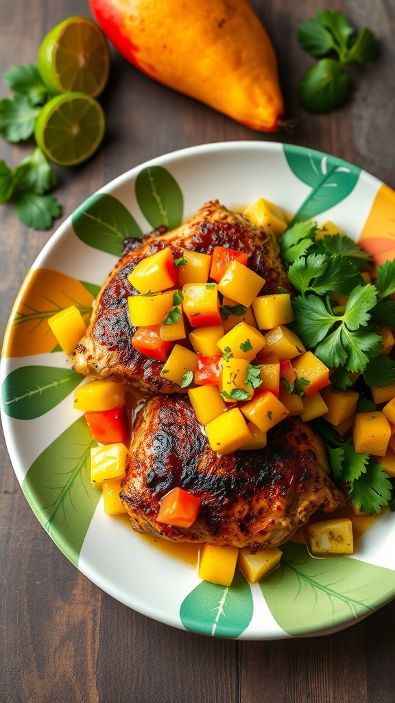 Grilled chicken thighs topped with fresh mango salsa on a colorful plate.