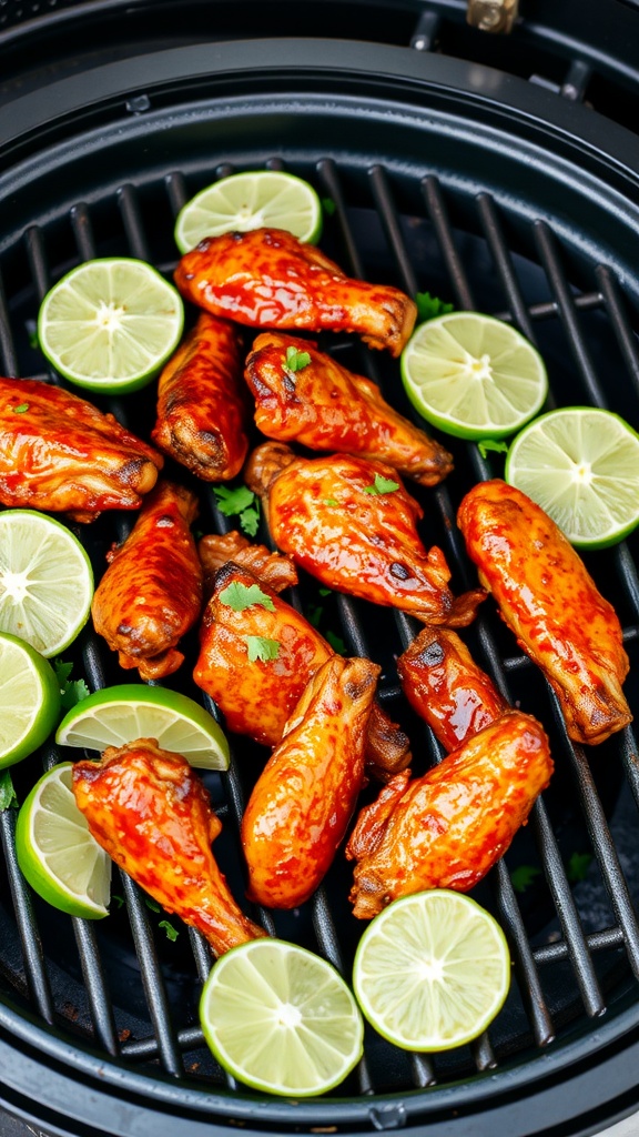 Grilled chipotle lime chicken wings with lime slices