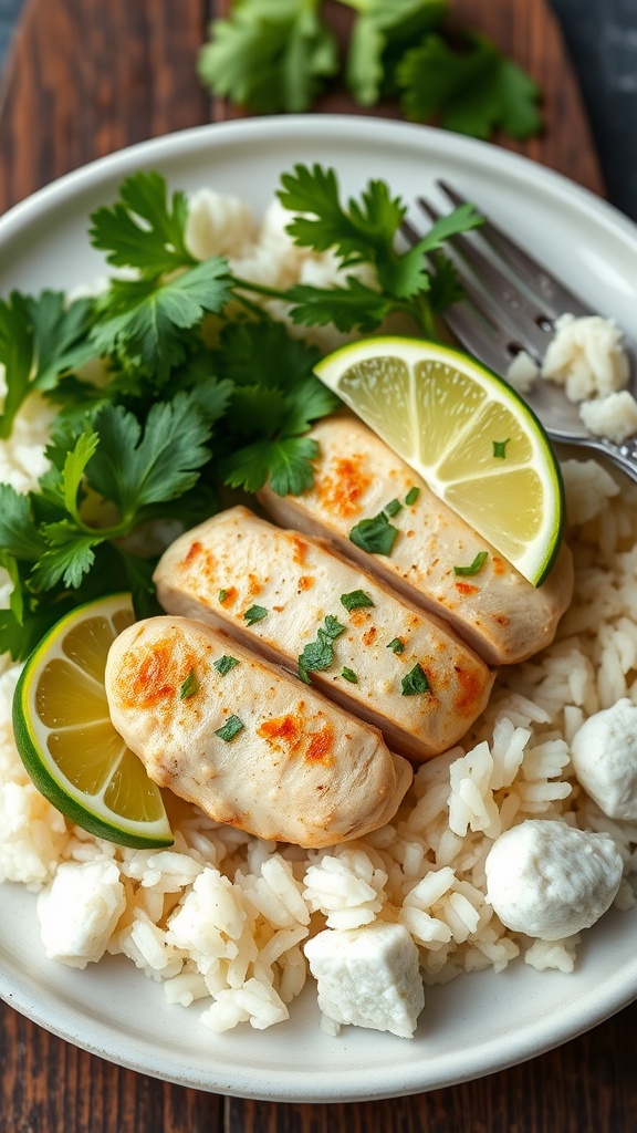 A plate of cilantro lime chicken served with rice and garnished with lime and cilantro.