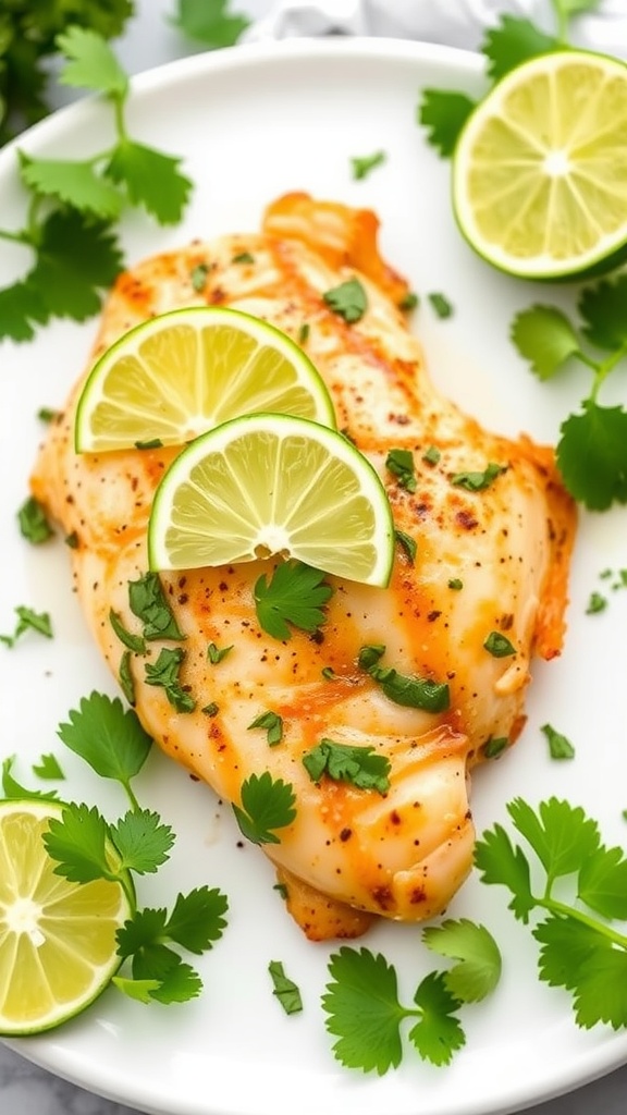 A plate of Cilantro Lime Chicken garnished with lime slices and fresh cilantro.