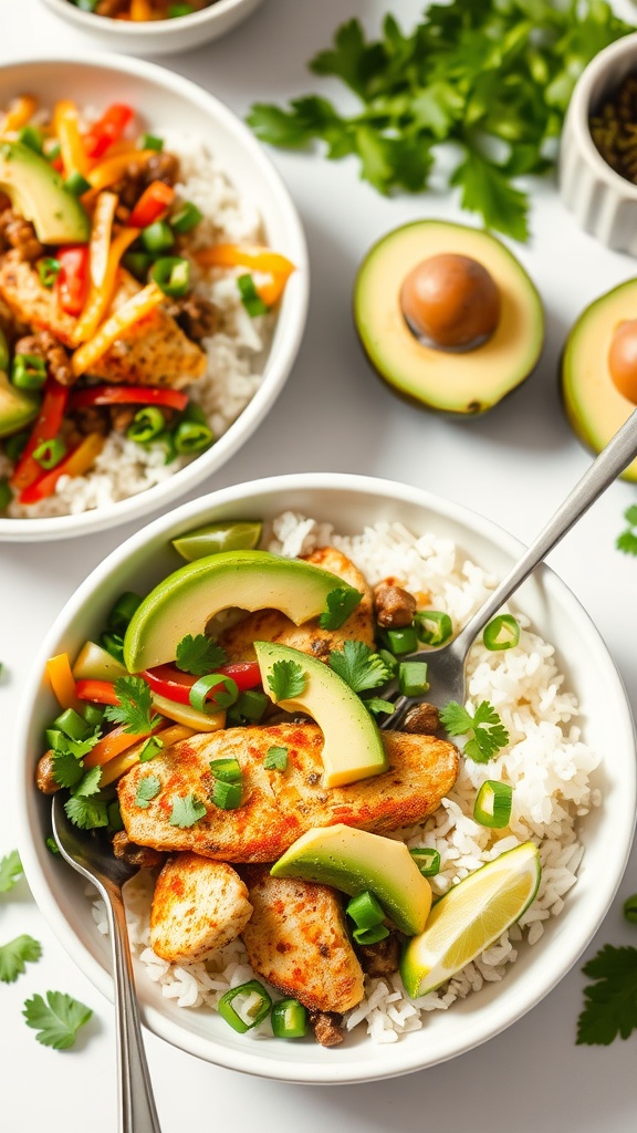 Cilantro lime chicken bowls with colorful vegetables