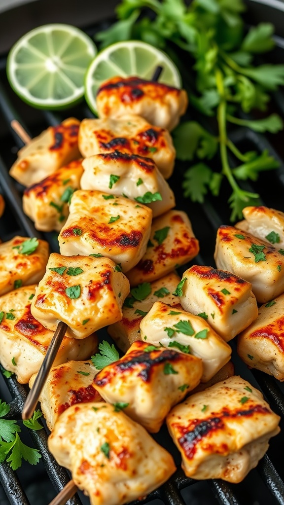 Grilled chicken skewers garnished with cilantro and lime