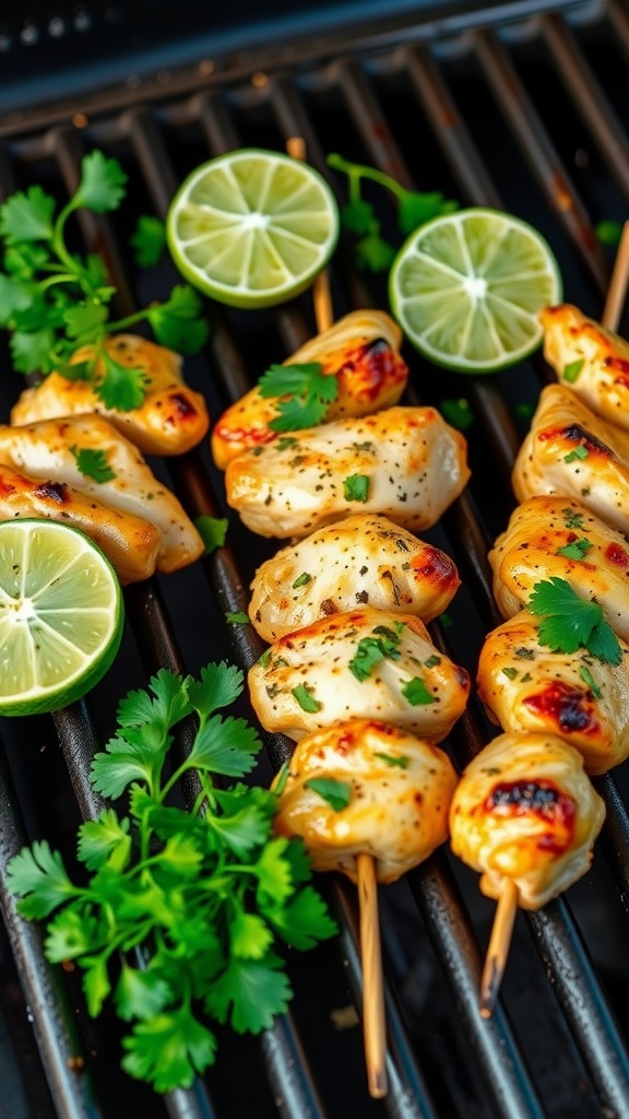 Cilantro Lime Chicken Skewers on a grill