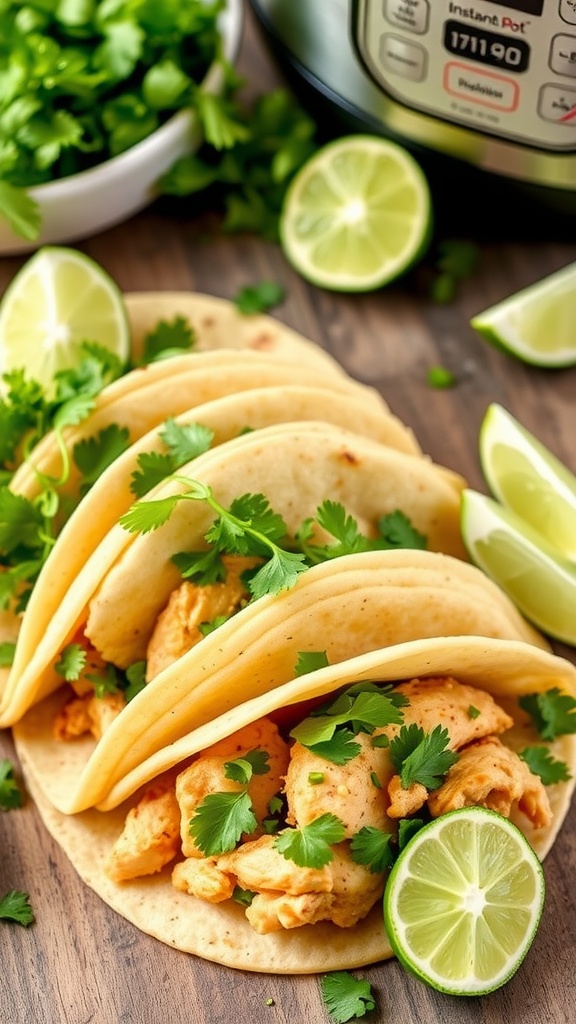 Cilantro lime chicken tacos on a wooden surface with lime wedges and cilantro.
