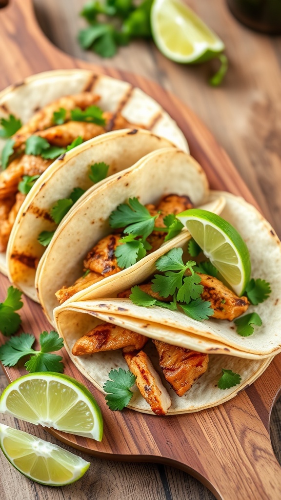 Cilantro lime chicken tacos with lime wedges and fresh cilantro