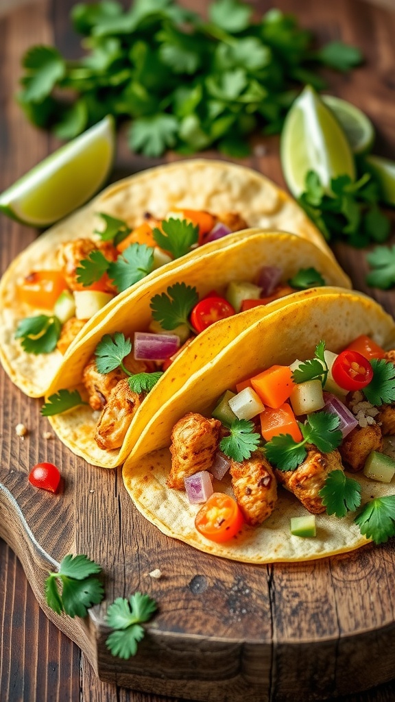 Cilantro Lime Chicken Tacos with fresh toppings on a wooden platter.