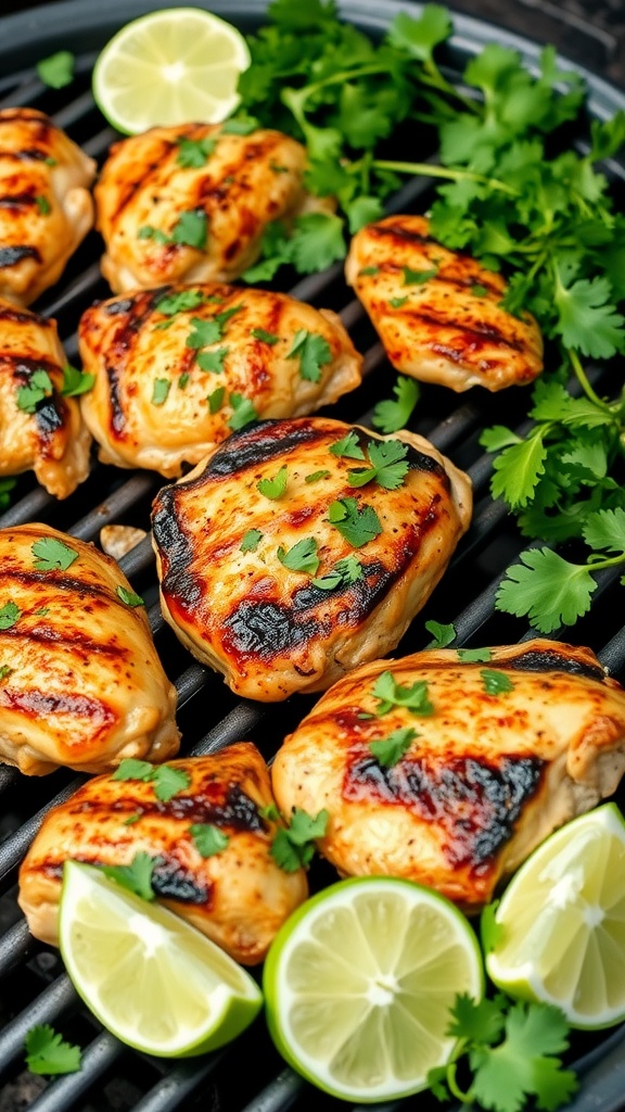 Grilled cilantro lime chicken thighs with lime wedges and fresh cilantro