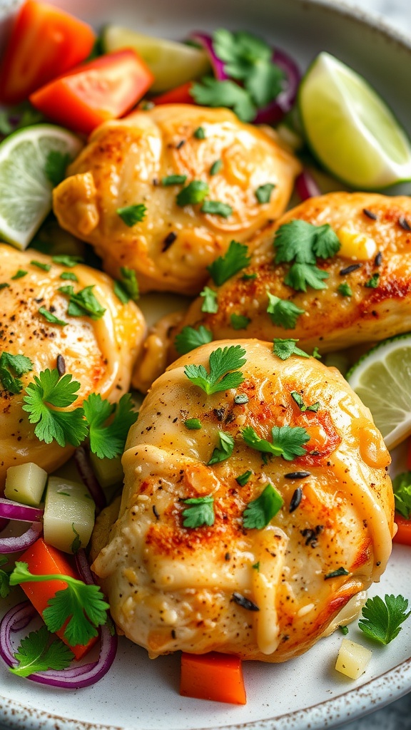 Cilantro lime flavored chicken thighs garnished with fresh cilantro and lime slices