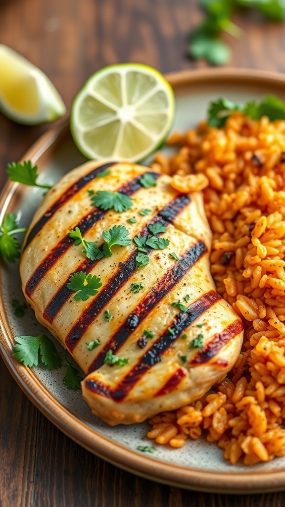 Grilled cilantro lime chicken served with Spanish rice and lime wedges