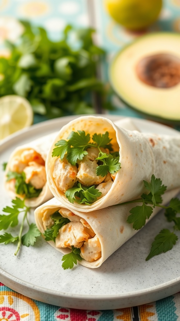 A plate of cilantro lime chicken wraps filled with grilled chicken, avocado, and fresh cilantro.