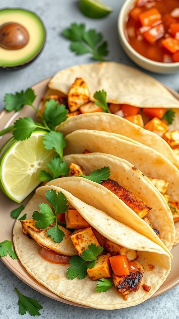 Cilantro lime grilled chicken tacos on a plate with fresh ingredients.