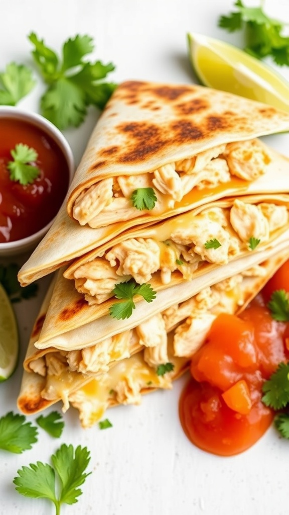 Cilantro Lime Pulled Chicken Quesadillas stacked with garnishes