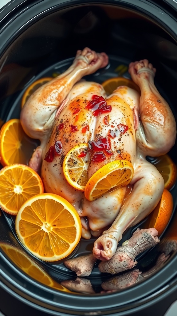 A whole chicken with orange and lemon slices, ginger, and spices in a slow cooker.